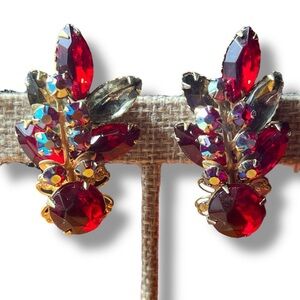 Vintage BeauJewels Red Aurora Borealis Crystal Clip-on Earrings